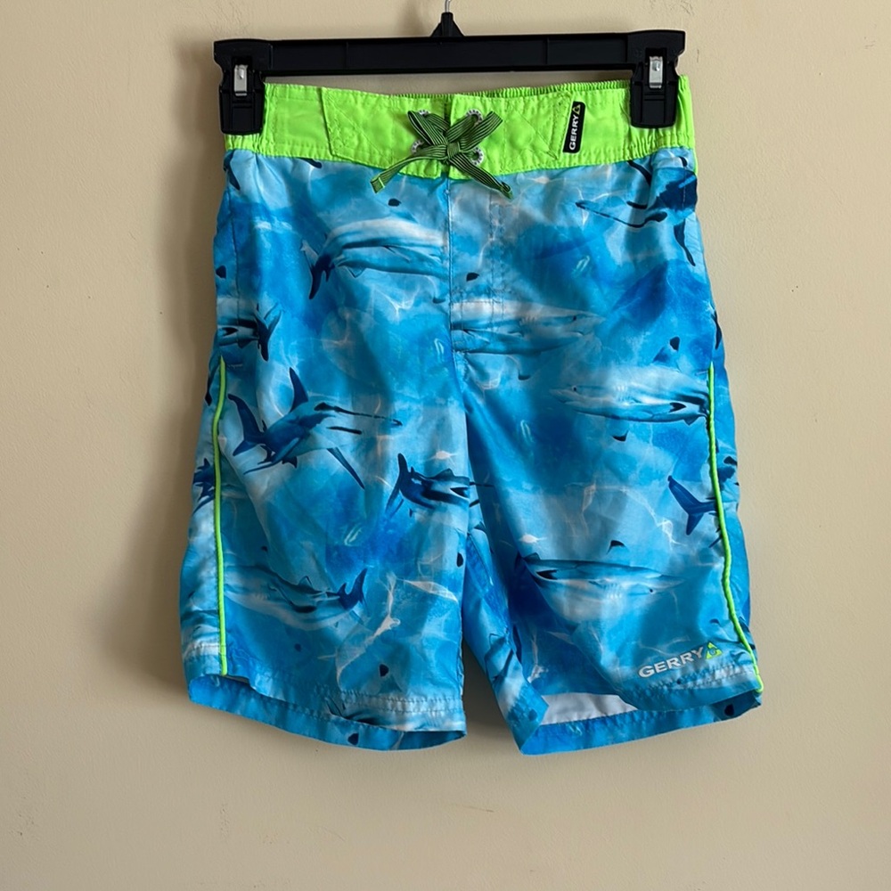 Gerry Kids Swim Trunks‎ in Blue and Green Shark Print Size Small (7/8)
